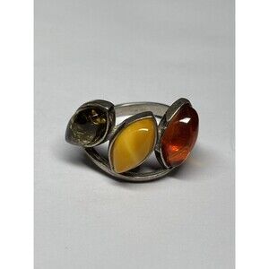 Vintage Sterling Silver 925 Multi-Color Amber Gems Stones Unique Ring Size 6